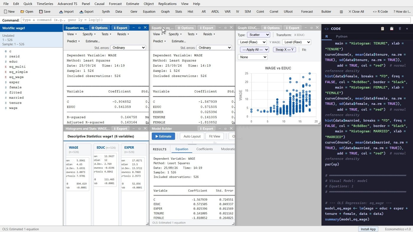 Econometrico with a dataset loaded and its worked examples open