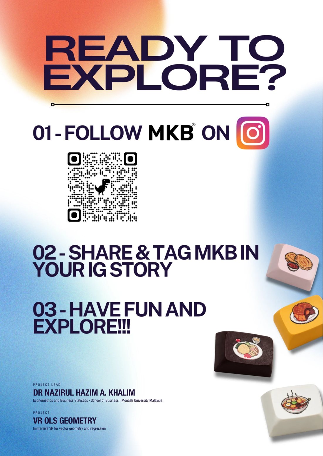 MKB flyer, page 2: 01 follow MKB on Instagram, 02 share and tag MKB in your Instagram story, 03 have fun and explore.